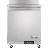 A stainless steel Empura Undercounter Reach-In Freezer on wheels, featuring a closed door with a top handle and a digital control panel at the base. This Work Top Freezer combines modern design with robust, industrial performance.