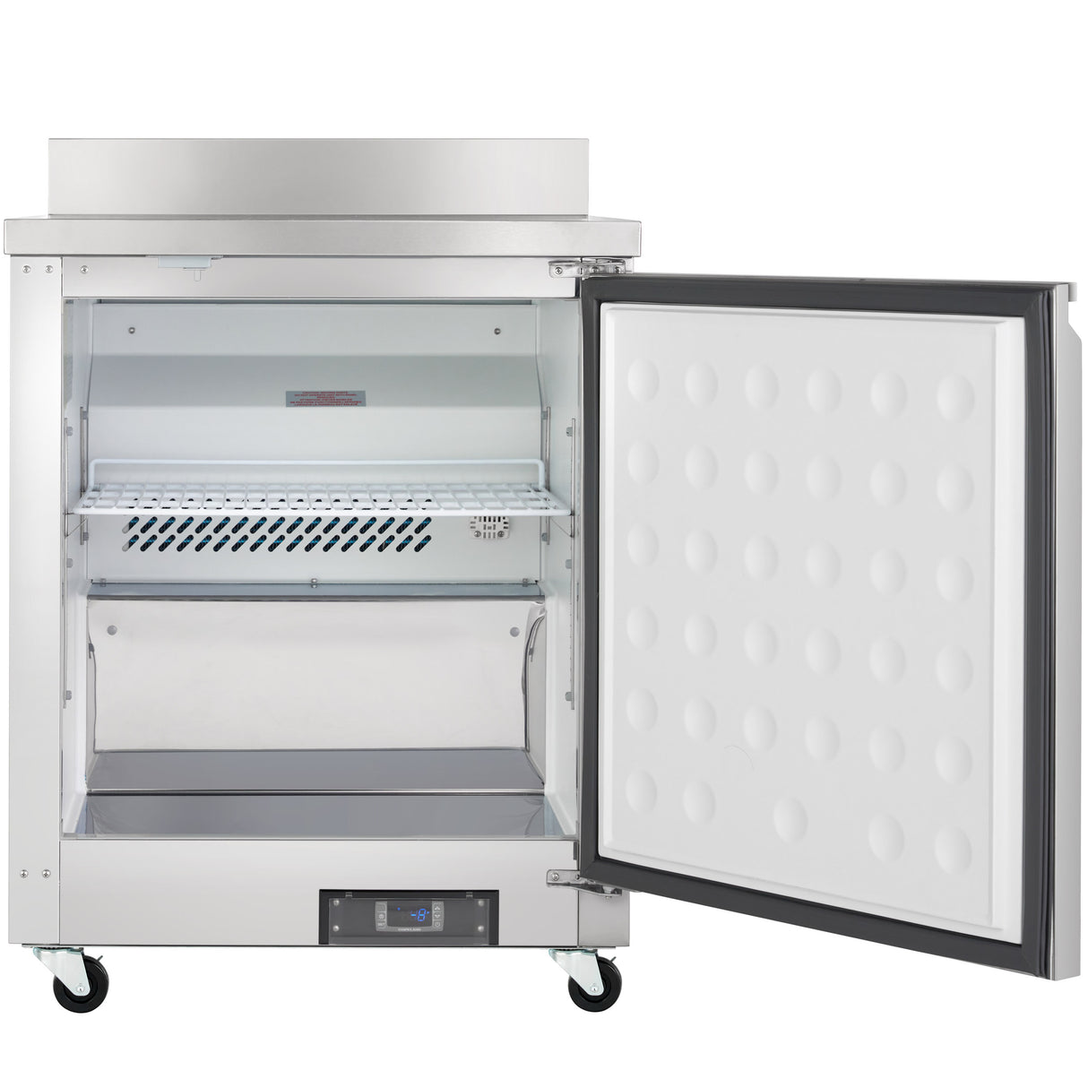 A commercial stainless steel Empura Freezer with its door open, revealing empty interior shelves. The inside panel has a dotted pattern, and the unit is on four wheels. The bottom features a digital temperature control display.