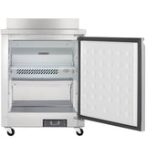 A commercial stainless steel Empura Freezer with its door open, revealing empty interior shelves. The inside panel has a dotted pattern, and the unit is on four wheels. The bottom features a digital temperature control display.
