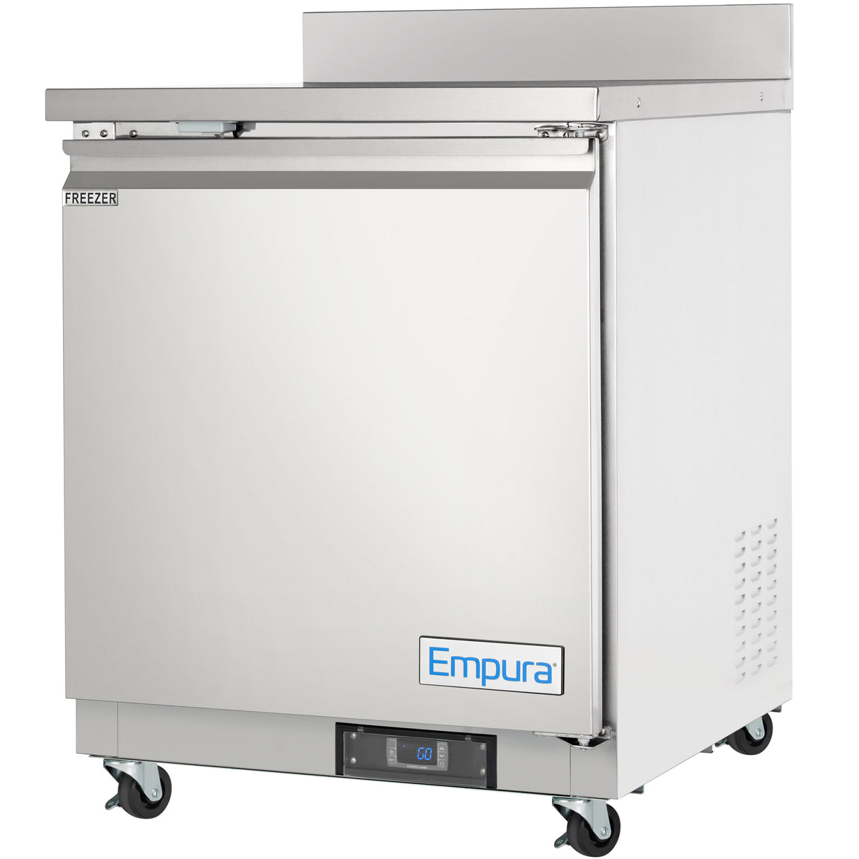 A stainless steel Empura Freezer on wheels with a single front door, labeled FREEZER at the top left. This undercounter reach-in freezer features a blue and white Empura label and a digital display near the bottom center.