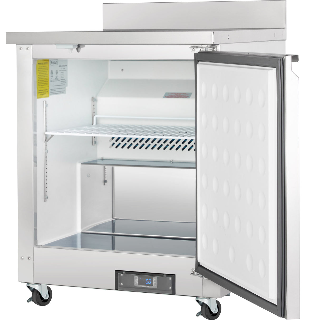 An Empura Undercounter Reach-In Freezer on wheels with its door open shows a clean, white interior and a single metal shelf. A digital temperature display sits at the bottom front, and the textured door features insulated lining for efficiency.