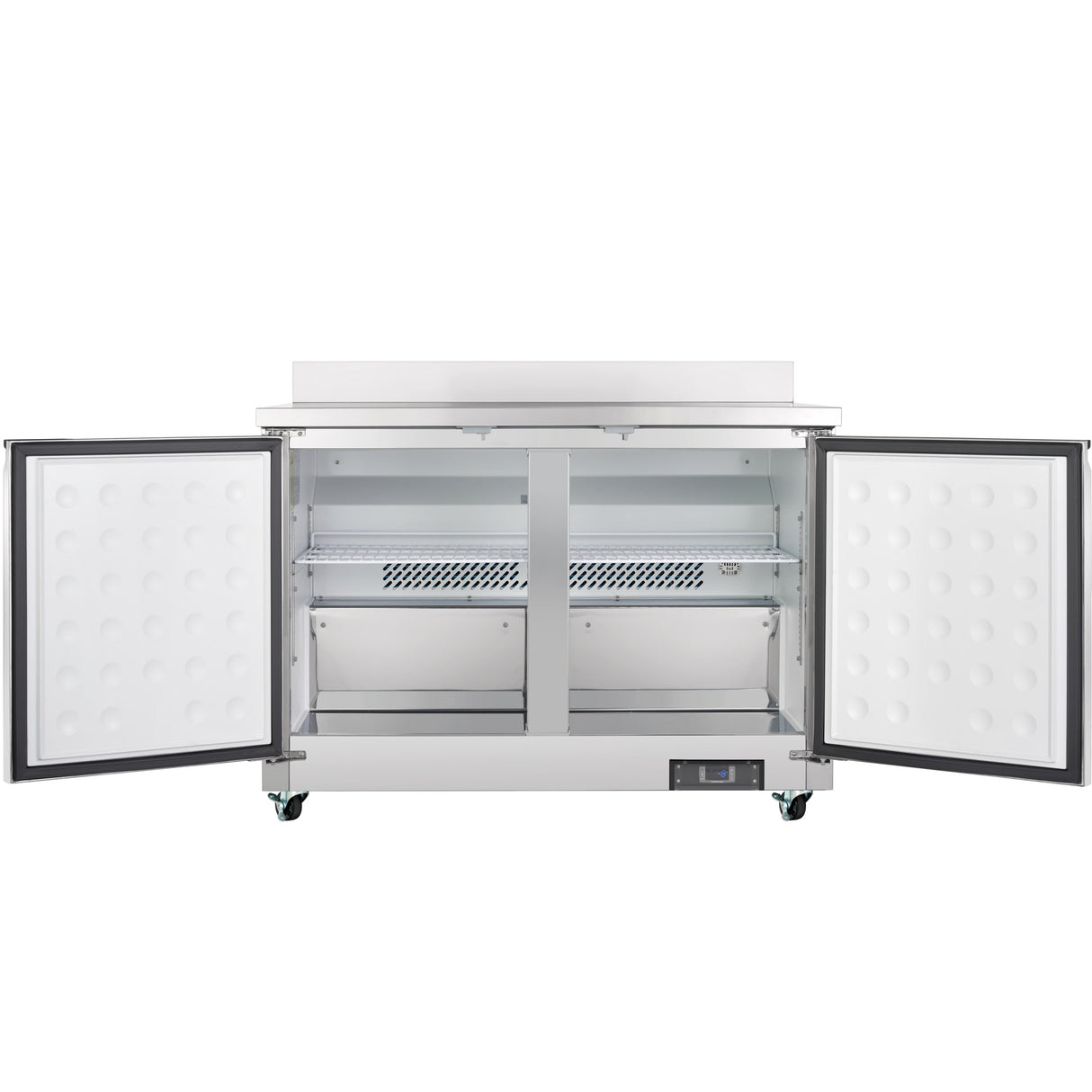 A stainless steel Empura refrigeration work top freezer with two doors swung open reveals empty shelves and a vented cooling unit. The dimpled doors and small caster wheels enhance utility, while a digital control panel sits at the bottom right.