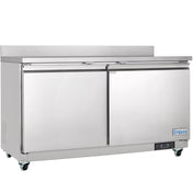 A large Empura Refrigeration stainless steel work top freezer with two doors, four wheels, and a digital control panel on the front. The Empura brand name is visible on the bottom right. Ideal as an undercounter reach-in freezer. Plain white background.