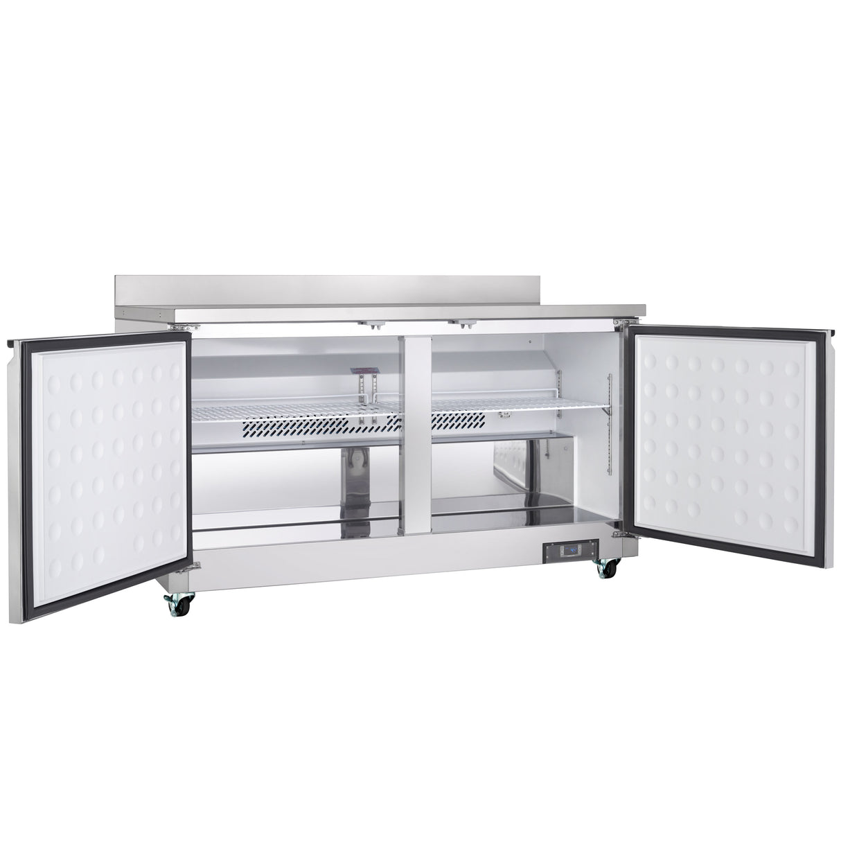 A commercial stainless steel undercounter reach-in freezer with two open doors reveals a spacious interior, one wire shelf, and a cooling vent at the back. The Empura Refrigeration unit features a flat work top and control panel near the bottom right.