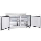 A commercial stainless steel undercounter reach-in freezer with two open doors reveals a spacious interior, one wire shelf, and a cooling vent at the back. The Empura Refrigeration unit features a flat work top and control panel near the bottom right.
