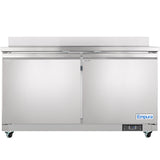 A stainless steel Empura Refrigeration work top freezer with two solid doors and wheels. The undercounter reach-in freezer features a small control panel on the bottom right, blue branding, a flat worktop, and a clean, modern design.