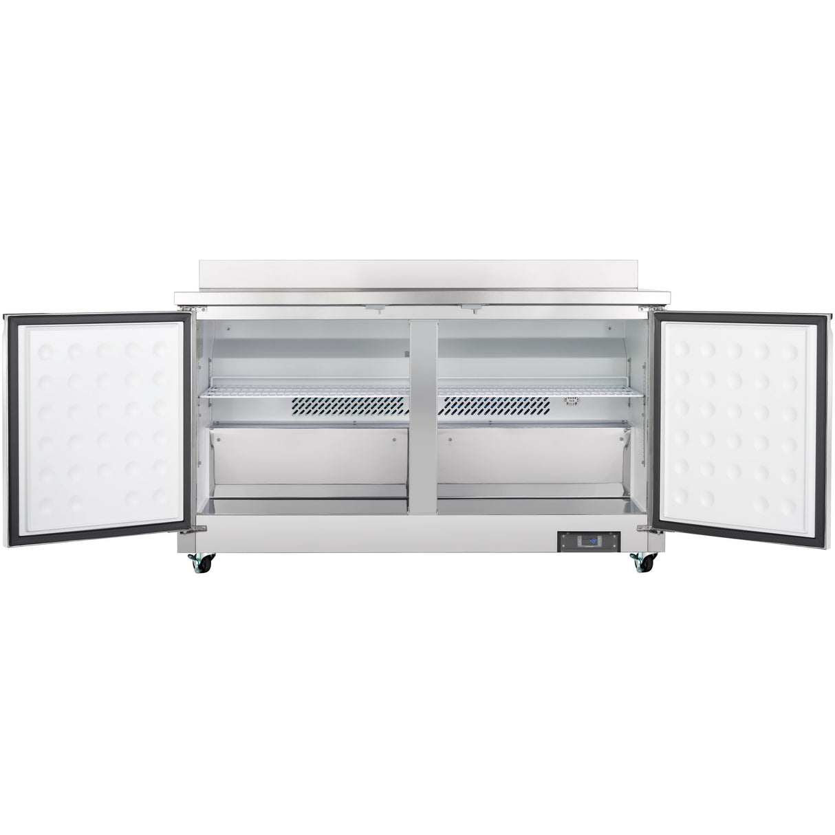 A stainless steel Empura Refrigeration work top freezer with two open doors reveals empty white shelves and an interior fan vent. The unit is on wheels, features an electronic control panel at the bottom right, and has a raised back edge on top.