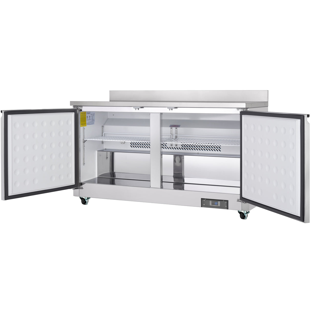 A stainless steel Empura Refrigeration work top freezer with two open doors reveals empty shelves and a vented back panel. The undercounter reach-in freezer sits on caster wheels, featuring a raised backsplash and visible temperature control at the bottom right.