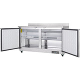 A stainless steel Empura Refrigeration work top freezer with two open doors reveals empty shelves and a vented back panel. The undercounter reach-in freezer sits on caster wheels, featuring a raised backsplash and visible temperature control at the bottom right.
