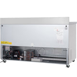 A large Empura Refrigeration work top freezer on wheels, viewed from the back. The metal panel is partially open, revealing electrical components, wiring, and a cooling system. Warning and information labels are visible on the surface.