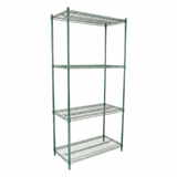 A green epoxy-coated, four-shelf metal wire shelving unit stands against a white background. This NSF shelving unit features adjustable open-grid shelves and a sturdy frame, ideal for organizing items in any home, garage, or office.