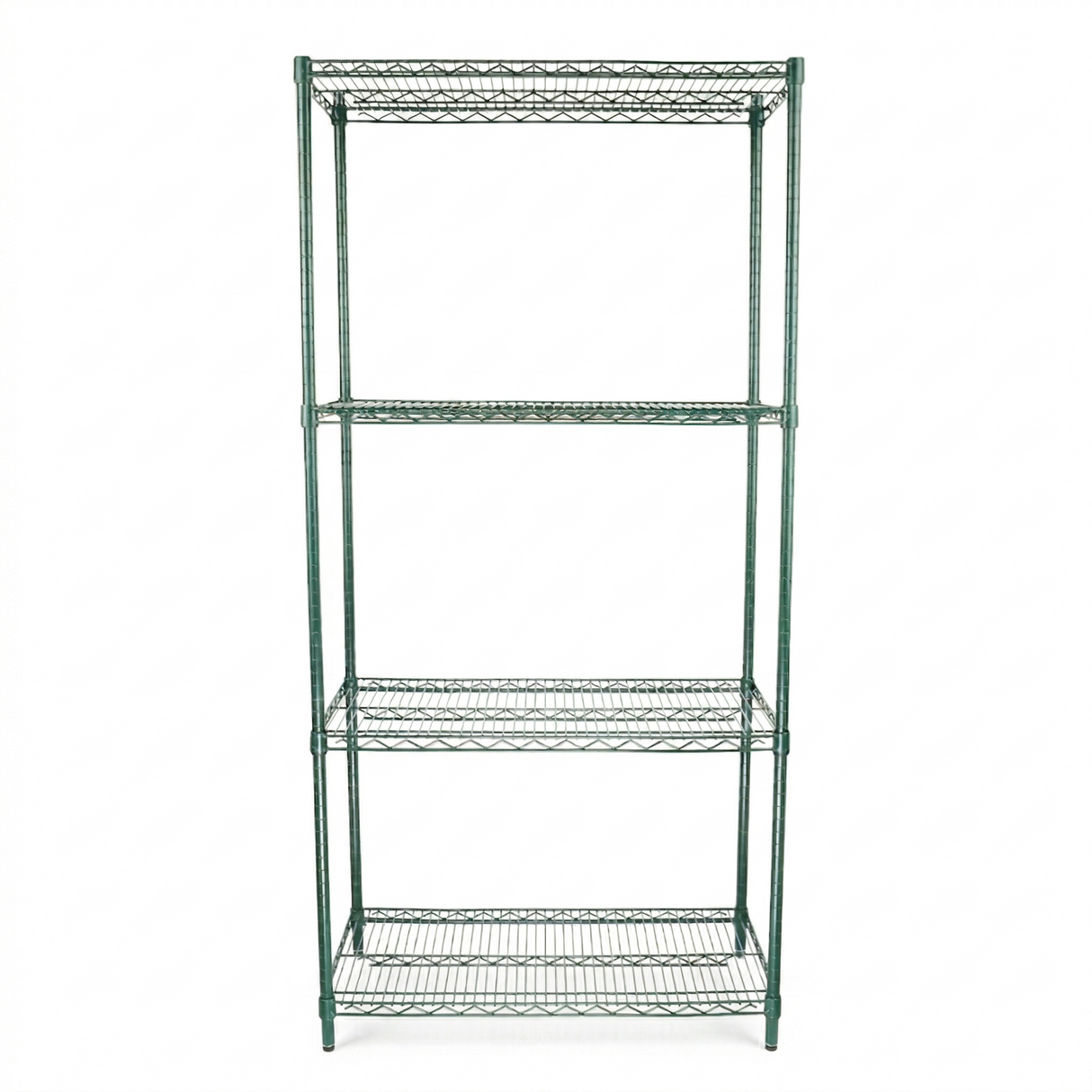 A green epoxy-coated metal shelving unit with four adjustable shelves stands upright against a plain white background. Featuring a grid pattern and NSF certification, the shelves and four vertical support posts are empty.