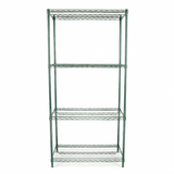 A green epoxy-coated metal shelving unit with four adjustable shelves stands upright against a plain white background. Featuring a grid pattern and NSF certification, the shelves and four vertical support posts are empty.