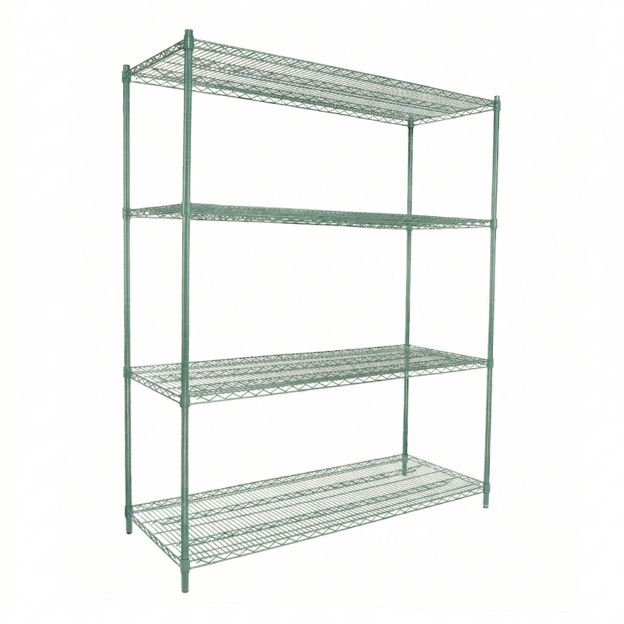 A green epoxy-coated iron shelving unit with NSF certification, featuring four open shelves supported by sturdy vertical poles. The evenly spaced structure stands on small feet against a plain white background.