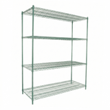 A green epoxy-coated iron shelving unit with NSF certification, featuring four open shelves supported by sturdy vertical poles. The evenly spaced structure stands on small feet against a plain white background.