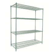 A green epoxy-coated iron shelving unit with NSF certification, featuring four open shelves supported by sturdy vertical poles. The evenly spaced structure stands on small feet against a plain white background.
