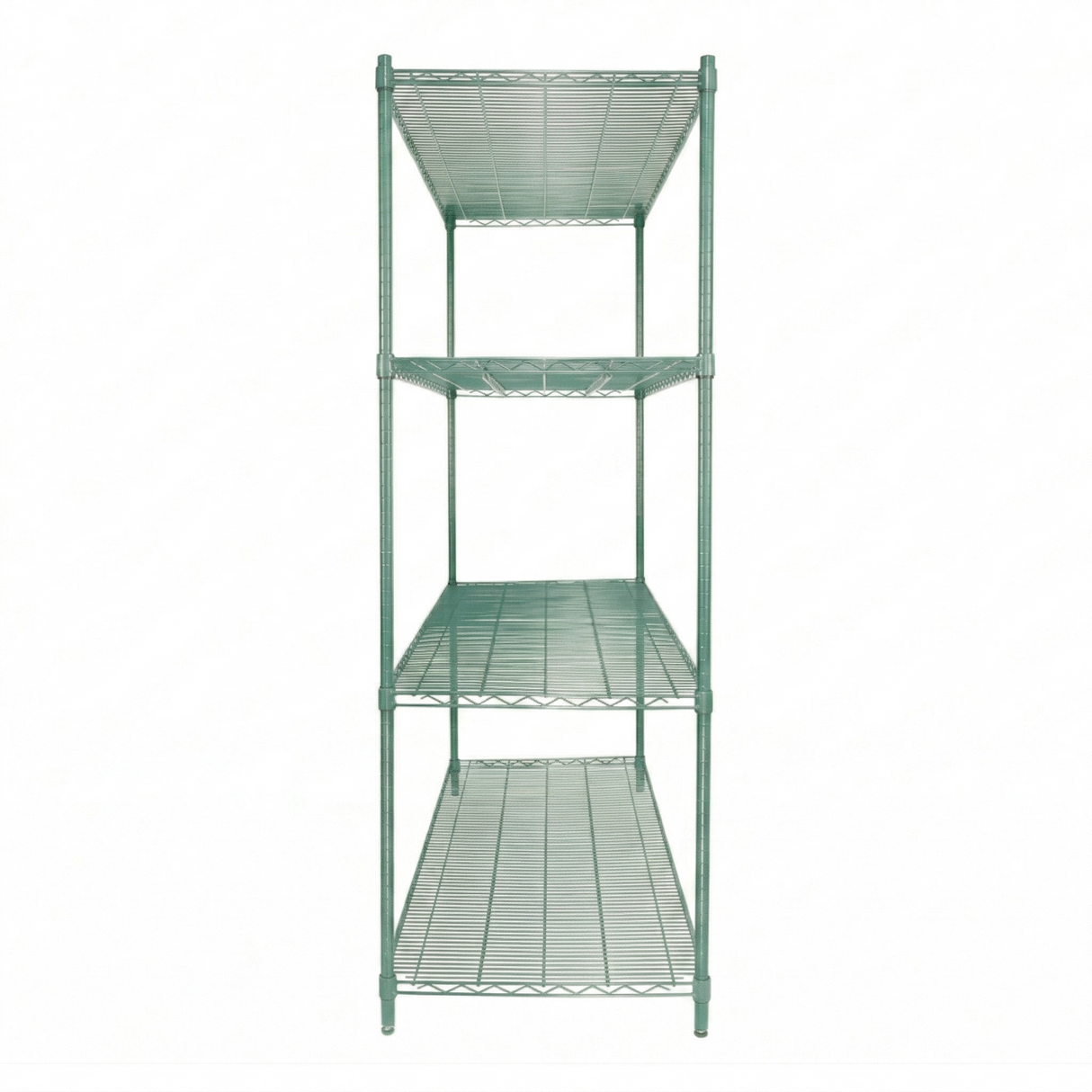 A metal NSF Shelving Unit with four open shelves, viewed from the front. The tall, rectangular structure features thin green epoxy-coated iron rods and a light greenish-gray finish, emphasizing its simple, industrial design against a plain white background.
