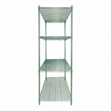 A metal NSF Shelving Unit with four open shelves, viewed from the front. The tall, rectangular structure features thin green epoxy-coated iron rods and a light greenish-gray finish, emphasizing its simple, industrial design against a plain white background.