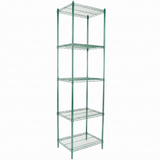 A tall, green epoxy-coated NSF shelving unit with five wire shelves, each supported by four vertical poles at the corners. The open grid design allows visibility through each shelf. The background is plain white.
