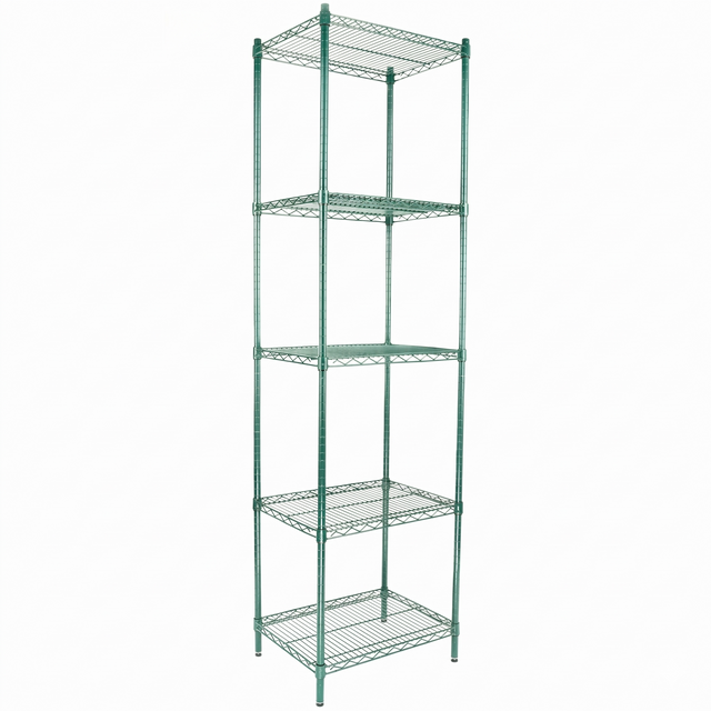 A tall, green epoxy-coated NSF shelving unit with five wire shelves, each supported by four vertical poles at the corners. The open grid design allows visibility through each shelf. The background is plain white.