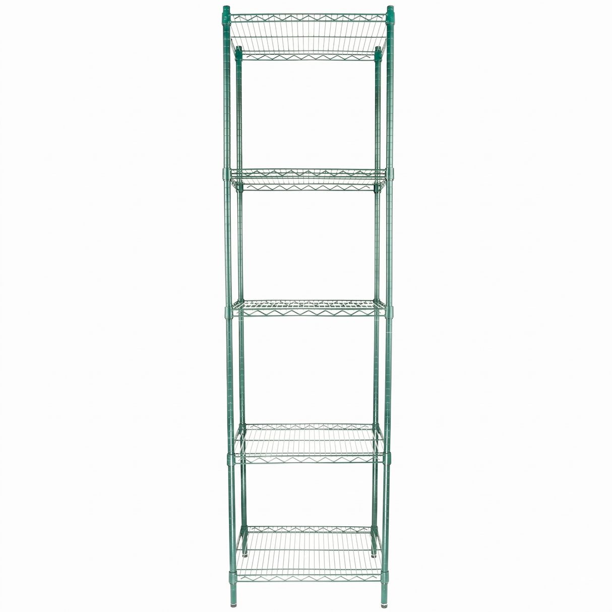 A tall, green epoxy-coated NSF shelving unit with five adjustable, equally spaced open shelves. Supported by four vertical poles at each corner, the durable design is photographed against a plain white background.