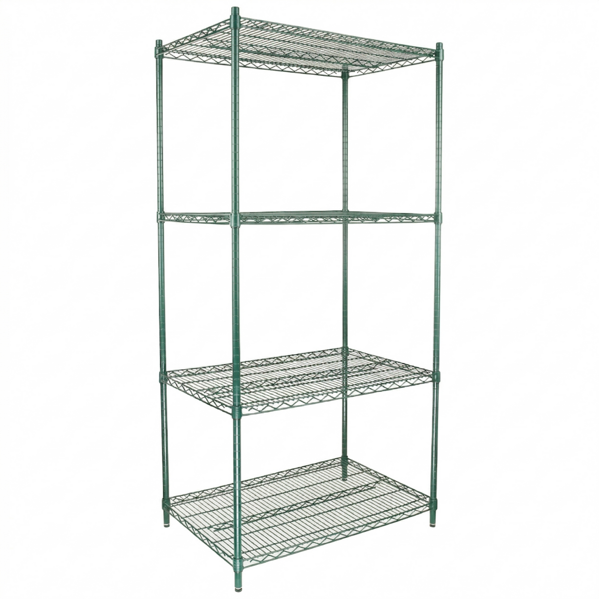 A green epoxy-coated NSF Shelving Unit with four adjustable wire mesh shelves stands upright on four legs, offering excellent ventilation and visibility. Its industrial, utilitarian design makes it ideal for organized storage in any space.