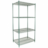 A green epoxy-coated NSF Shelving Unit with four adjustable wire mesh shelves stands upright on four legs, offering excellent ventilation and visibility. Its industrial, utilitarian design makes it ideal for organized storage in any space.
