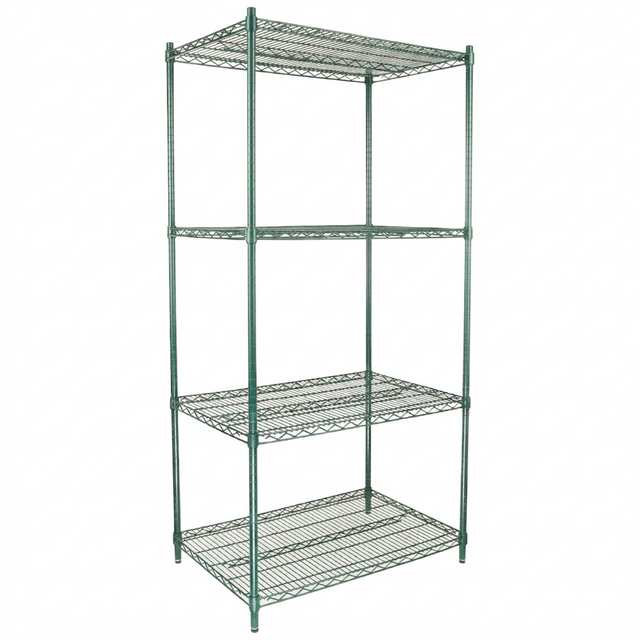 A green epoxy-coated NSF Shelving Unit with four adjustable wire mesh shelves stands upright on four legs, offering excellent ventilation and visibility. Its industrial, utilitarian design makes it ideal for organized storage in any space.