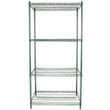 A green epoxy-coated shelving unit with four tiers, each shelf featuring a grid pattern. This NSF metal wire frame stands on four legs, evenly spaced shelves empty, set against a plain white background.