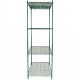 A green epoxy-coated NSF Shelving Unit with four adjustable rectangular shelves stands upright on four legs against a white background. The open-grid design allows airflow and visibility of stored items.