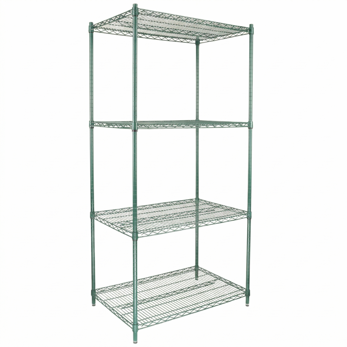 A freestanding NSF shelving unit with four green epoxy-coated wire shelves and an open, rectangular frame. The shelves have a grid pattern, and the rack stands on four adjustable legs against a plain white background.