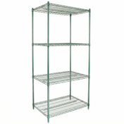 A freestanding NSF shelving unit with four green epoxy-coated wire shelves and an open, rectangular frame. The shelves have a grid pattern, and the rack stands on four adjustable legs against a plain white background.