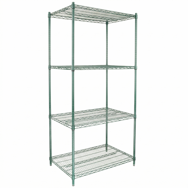 A freestanding NSF shelving unit with four green epoxy-coated wire shelves and an open, rectangular frame. The shelves have a grid pattern, and the rack stands on four adjustable legs against a plain white background.
