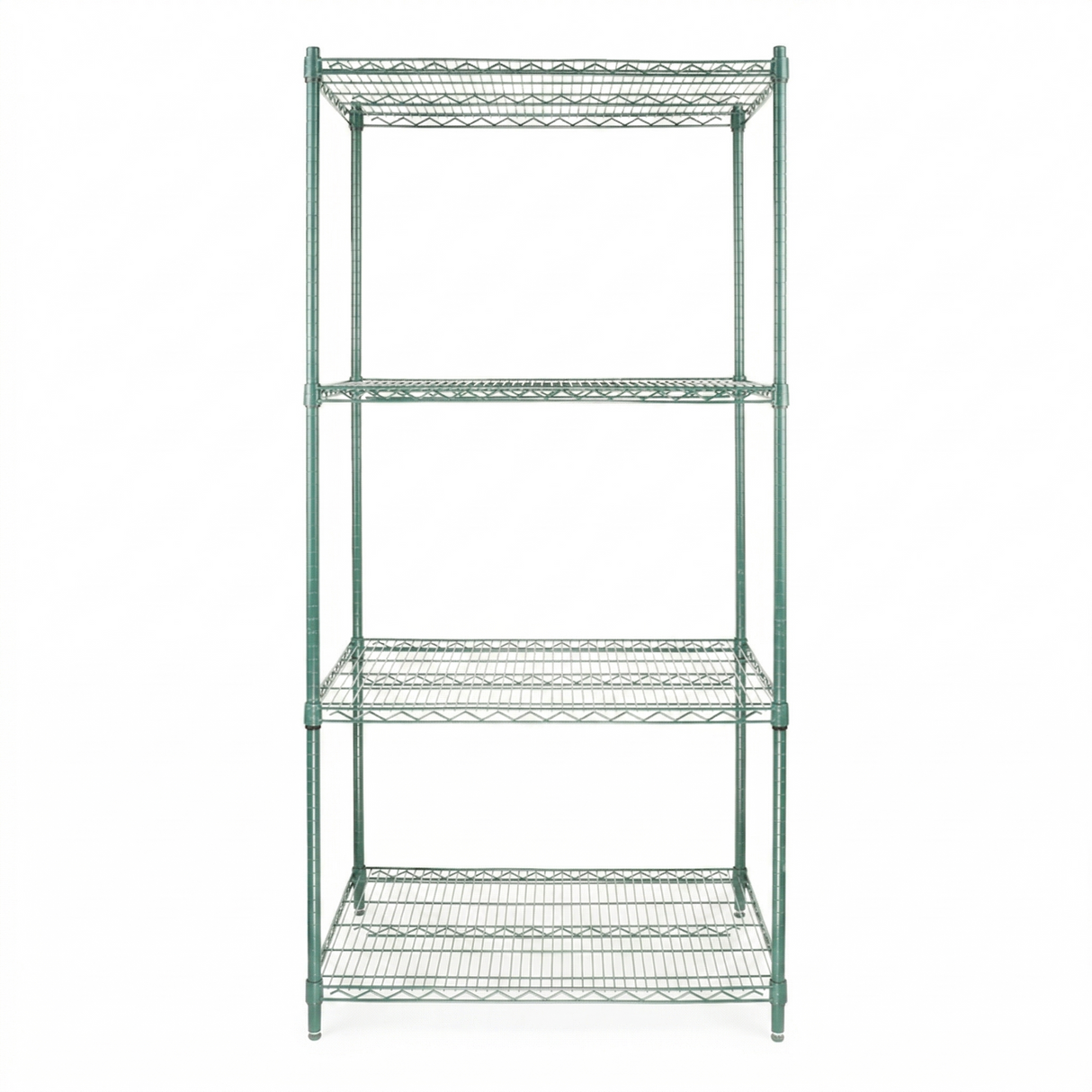 A tall, green epoxy-coated NSF shelving unit with four wire shelves stands empty against a plain white background. The rectangular structure is open on all sides, designed for storage and organization.