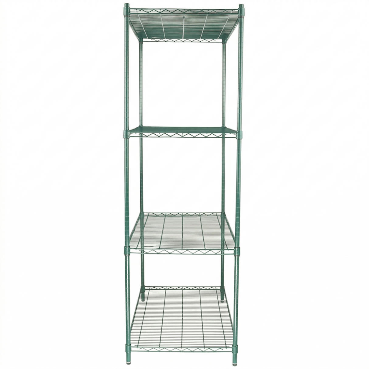A tall, four-tier green epoxy-coated metal wire shelving unit with NSF certification stands upright against a plain white background. Each shelf features a grid of metal wires, open sides, and sturdy vertical supports at each corner.