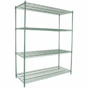 A four-tier NSF green epoxy-coated metal wire shelving unit with an open design. Each shelf is crafted from a green-coated wire grid, supported by four vertical metal rods at each corner. The background is plain white.