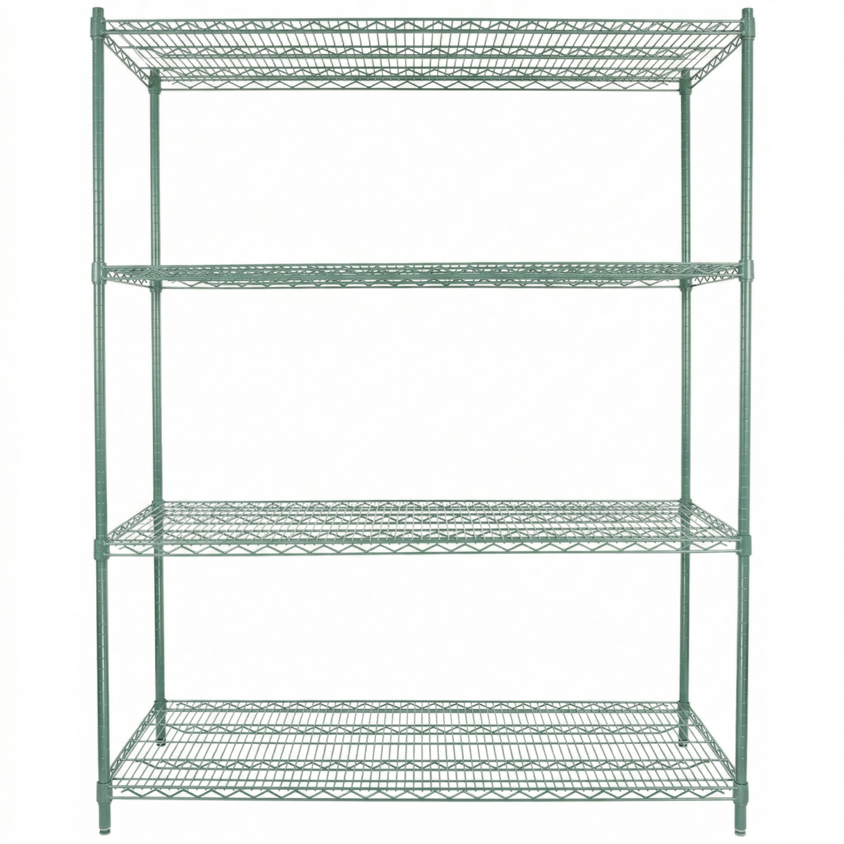 A freestanding green epoxy-coated metal wire shelving unit with four evenly spaced shelves. NSF certified, the sturdy frame and shelves feature a sleek greenish finish against a plain white background. The shelves are empty.