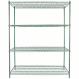 A freestanding green epoxy-coated metal wire shelving unit with four evenly spaced shelves. NSF certified, the sturdy frame and shelves feature a sleek greenish finish against a plain white background. The shelves are empty.