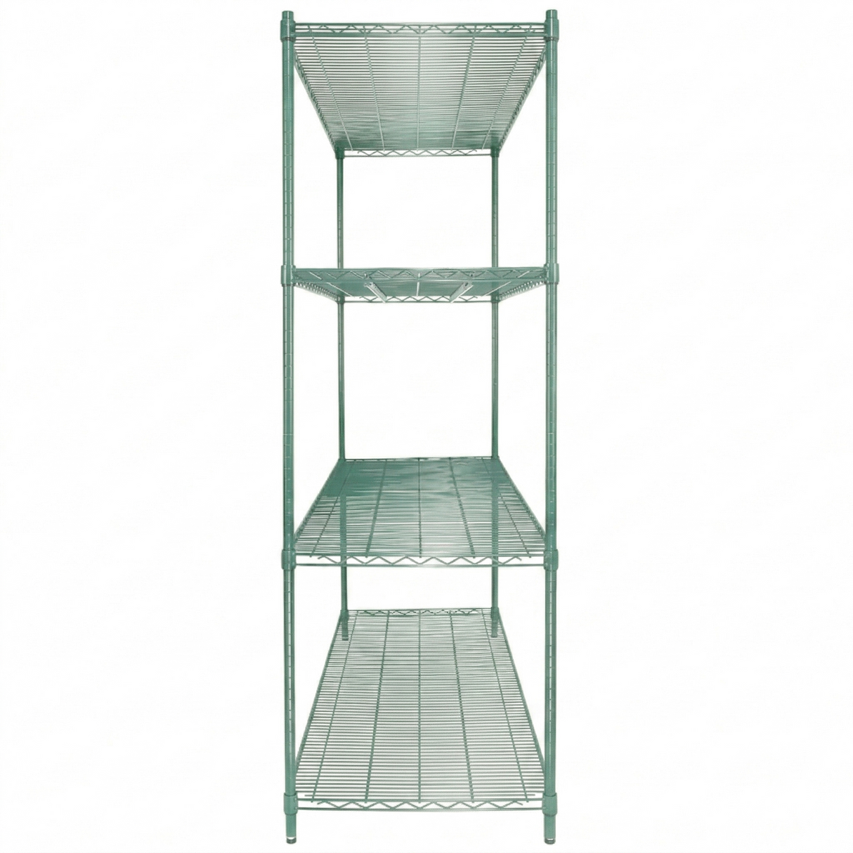 A tall, green epoxy-coated shelving unit with four open shelves, viewed from the front against a white background. The evenly spaced shelves and NSF-certified structure showcase a minimalist, industrial design.