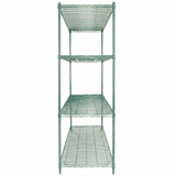A tall, green epoxy-coated shelving unit with four open shelves, viewed from the front against a white background. The evenly spaced shelves and NSF-certified structure showcase a minimalist, industrial design.