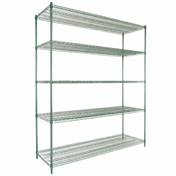 A green epoxy-coated NSF shelving unit featuring five adjustable, open-grid shelves supported by four vertical poles. The sturdy, rectangular structure stands on four feet and is shown empty against a white background.