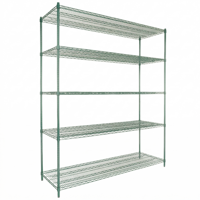 A green epoxy-coated NSF shelving unit featuring five adjustable, open-grid shelves supported by four vertical poles. The sturdy, rectangular structure stands on four feet and is shown empty against a white background.