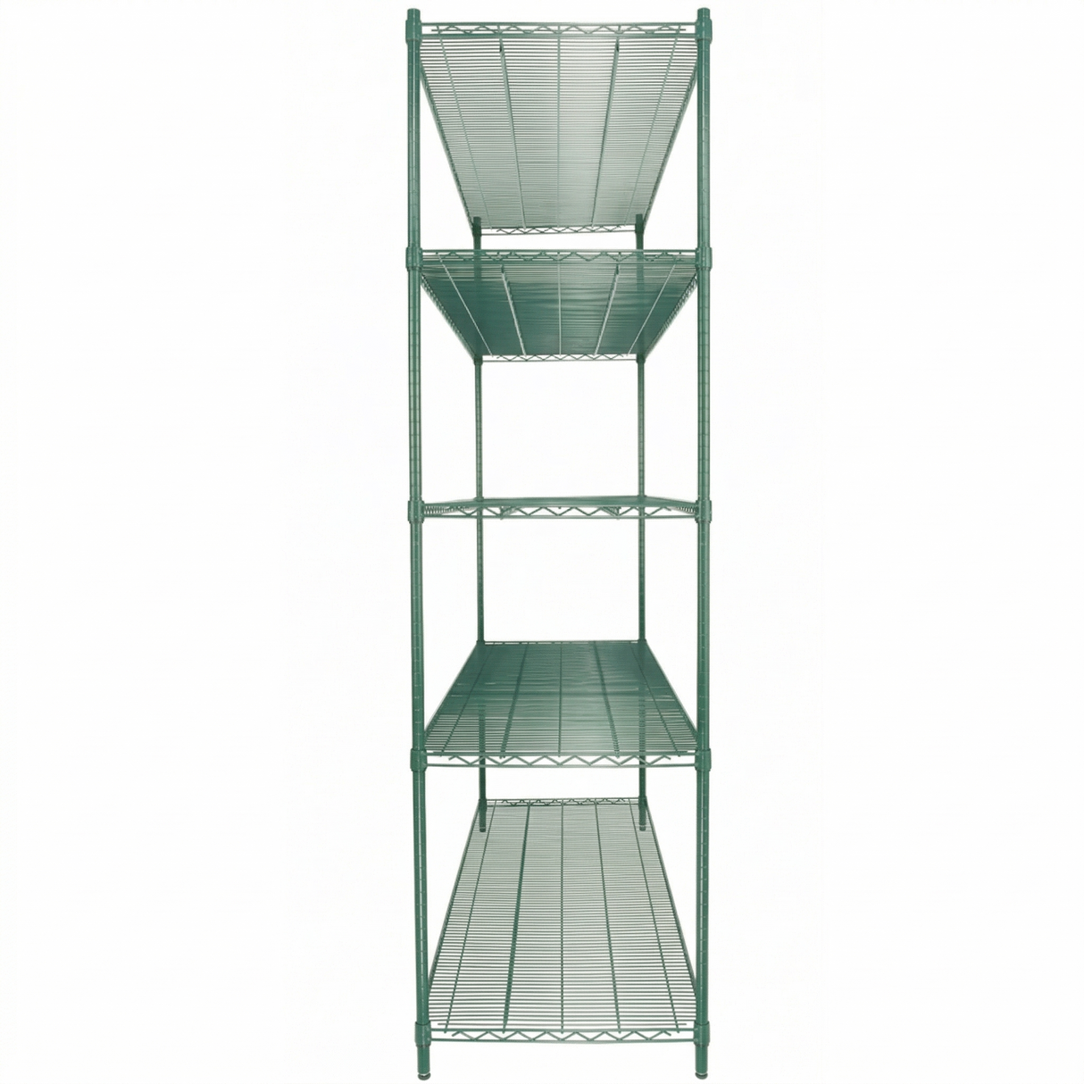 A tall, green epoxy-coated NSF shelving unit stands upright against a white background. Each shelf is made of metal wire grid and is evenly spaced, while the sturdy frame features tubular metal poles at each corner.