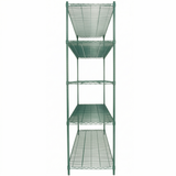 A tall, green epoxy-coated NSF shelving unit stands upright against a white background. Each shelf is made of metal wire grid and is evenly spaced, while the sturdy frame features tubular metal poles at each corner.