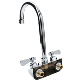 A chrome kitchen faucet with a swivel gooseneck spout and two lever handles, mounted on a rectangular base with exposed brass threaded connectors. The dual-handle design makes hot and cold water control effortless.
