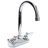 A shiny chrome wall mount faucet with a tall, swivel gooseneck spout and two separate handles—one red, one blue for hot and cold—mounted on a rectangular Empura Stainless base.