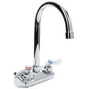 A shiny chrome wall mount faucet with a tall, swivel gooseneck spout and two separate handles—one red, one blue for hot and cold—mounted on a rectangular Empura Stainless base.