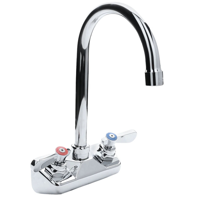 A shiny chrome wall mount faucet with a tall, swivel gooseneck spout and two separate handles—one red, one blue for hot and cold—mounted on a rectangular Empura Stainless base.