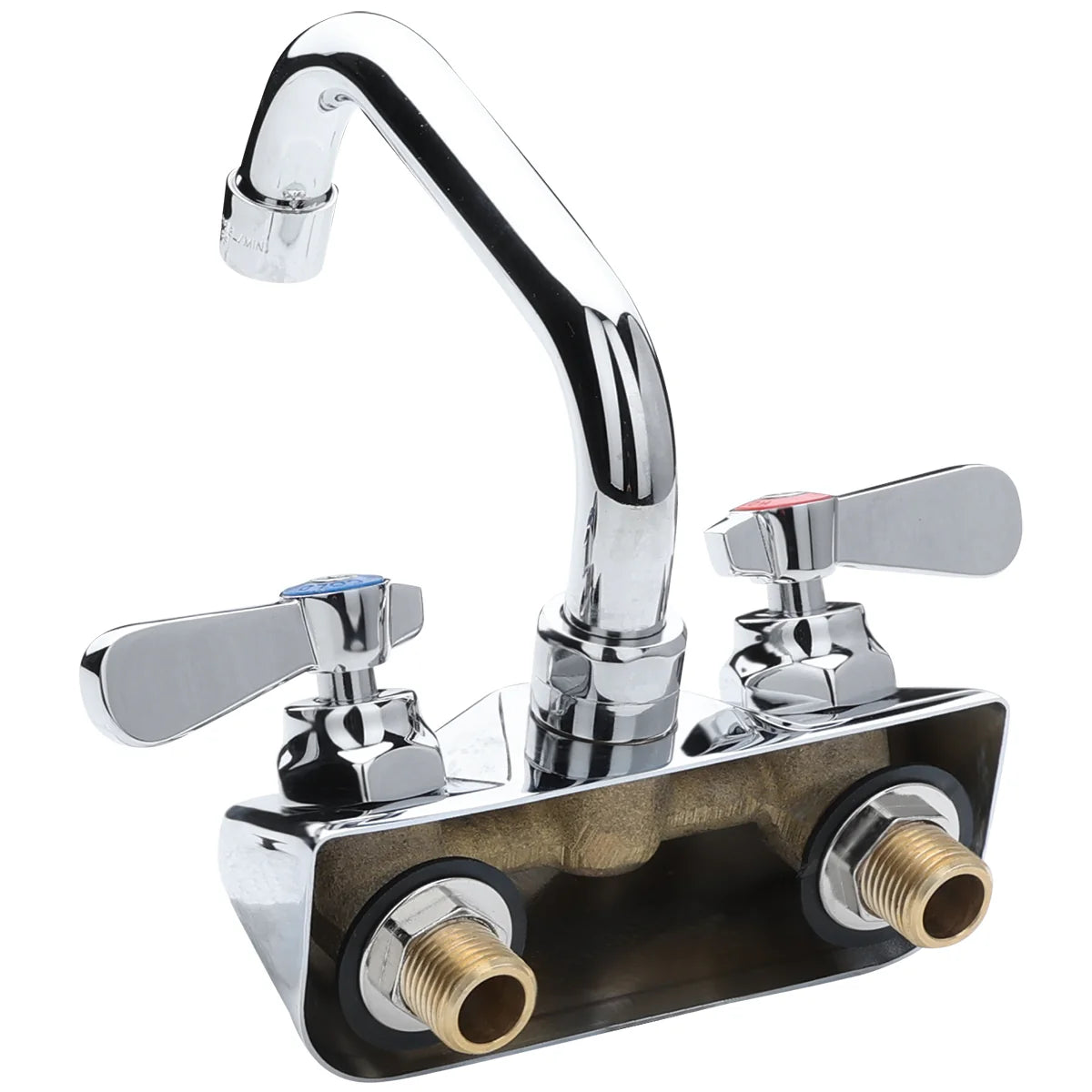A chrome-plated wall mount faucet with two lever handles, one blue for cold and one red for hot. The high, curved swing spout and two threaded brass inlet connections deliver a modern, utilitarian look.