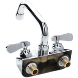 A chrome-plated wall mount faucet with two lever handles, one blue for cold and one red for hot. The high, curved swing spout and two threaded brass inlet connections deliver a modern, utilitarian look.